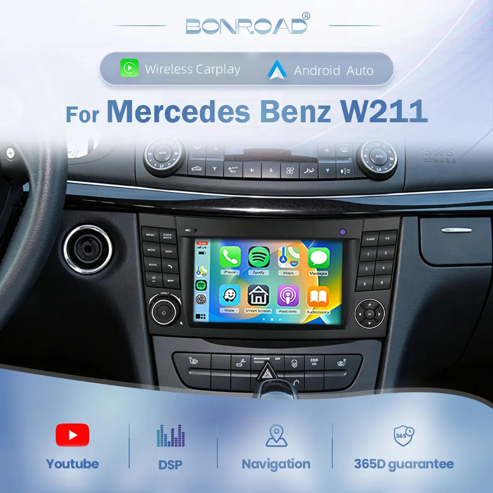 BONROAD 7'' Linux Touch Screen For Mercedes Benz W211 2002 - 2009 CLK CLS E200 E220 E300 E350 E240 E270 E280 Car Radio Video Multimedia Player Wireless Carplay Android Auto RDS GPS Navigation DSP