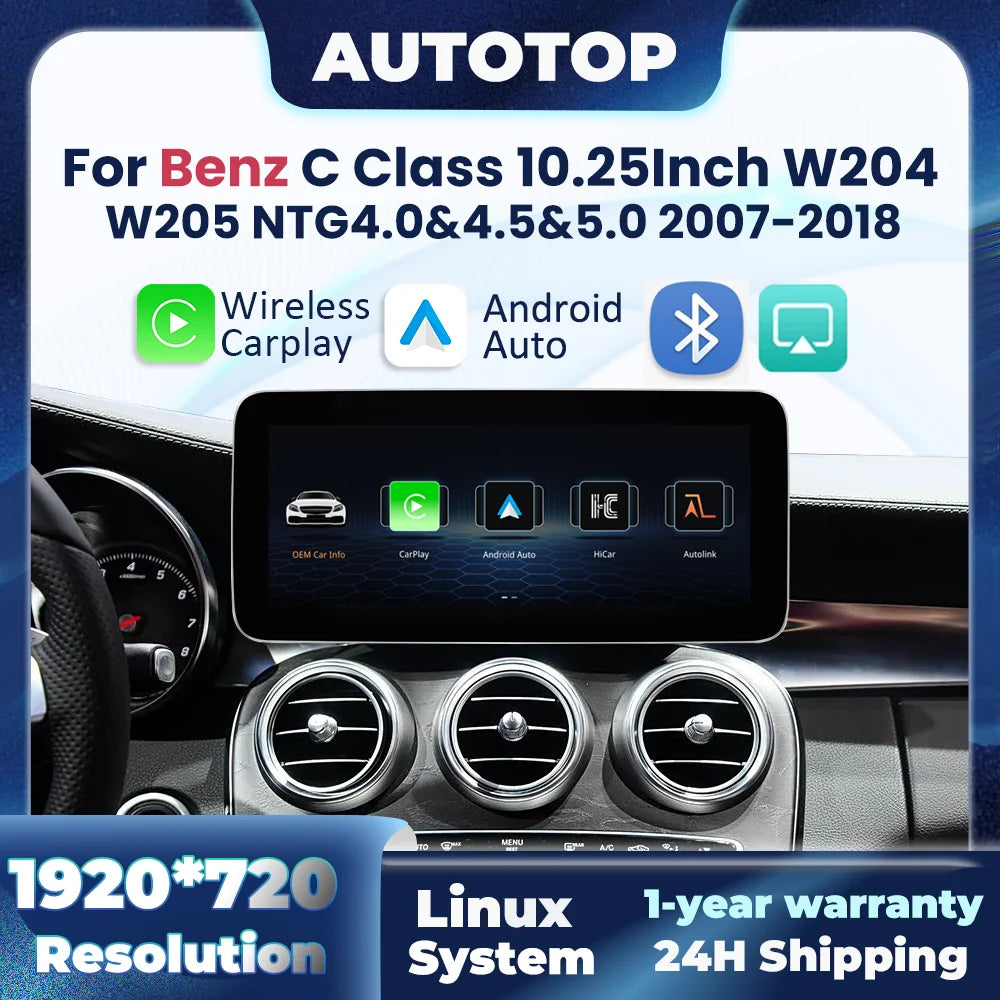 10.25 Inch Wireless CarPlay Android Auto Car Radio Multimedia For Mercedes Benz C Class W204 S205 C204 2007-2018 BT GPS Stereo