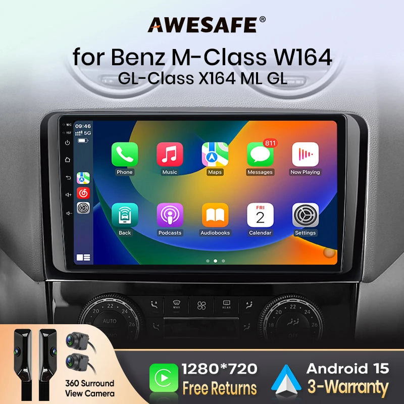 AWESAFE Wireless CarPlay Android Auto for  Mercedes Benz M-Class W164 GL-Class X164 ML GL Car Radio Multimedia Player Stereo Wi-Fi GPS Navigation 2 Din  Autoradio Car intelligent Systems 1280*720 IPS Head Unit FM RDS DSP SWC