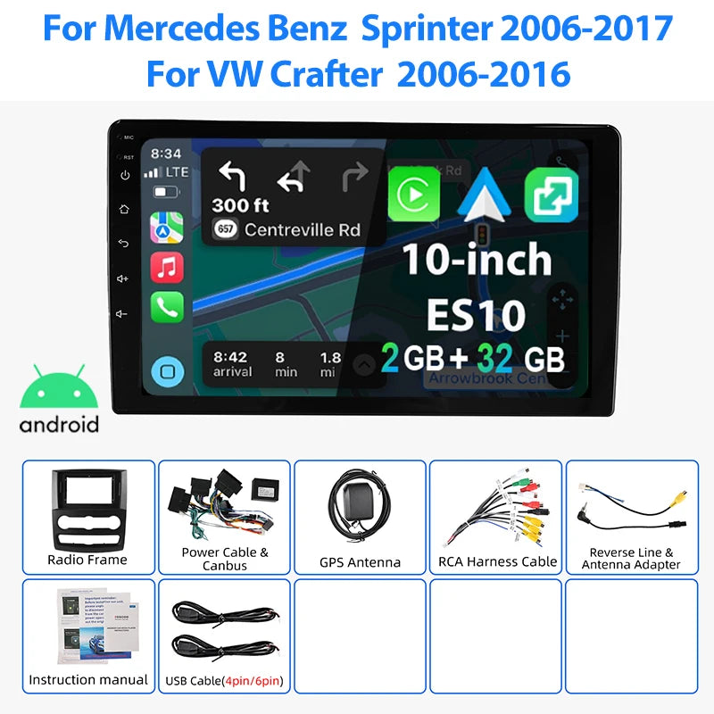 ESSGOO 10"Android15 2+16G/4+64G For Mercedes Benz Sprinter VW Crafter Car Stereo Radio Wireless Carplay Android Auto GPS NAVI RDS FM WIFI Bluetooth Mirror Link steering wheel control TouchScreen Multimedia Player Plug and pla