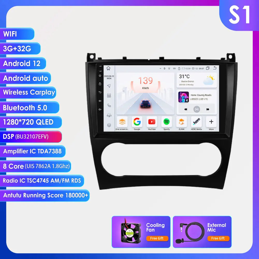 Hizpo 9 inch Wireless CarPlay Android Auto Car Radio for Mercedes Benz CLC W203 C-Class C180 C200 CLK200 CLK W209 Multimedia Wireless Apple CarPlay Smart Intelligent Systems IPS Touch Screen Stereo Video Player 2Din Autoradio