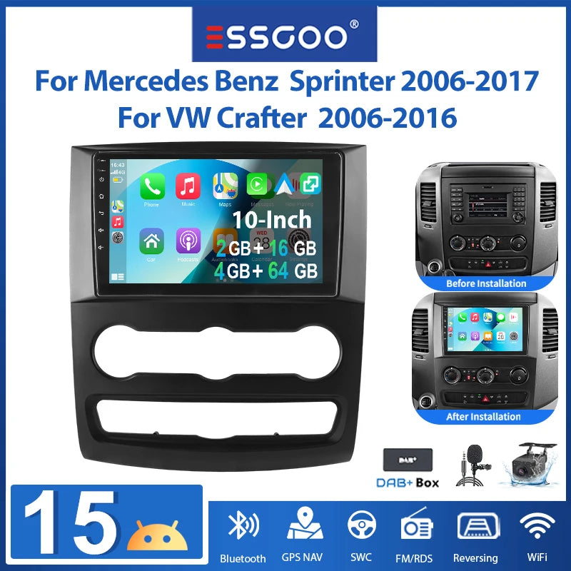 ESSGOO 10"Android15 2+16G/4+64G For Mercedes Benz Sprinter VW Crafter Car Stereo Radio Wireless Carplay Android Auto GPS NAVI RDS FM WIFI Bluetooth Mirror Link steering wheel control TouchScreen Multimedia Player Plug and pla