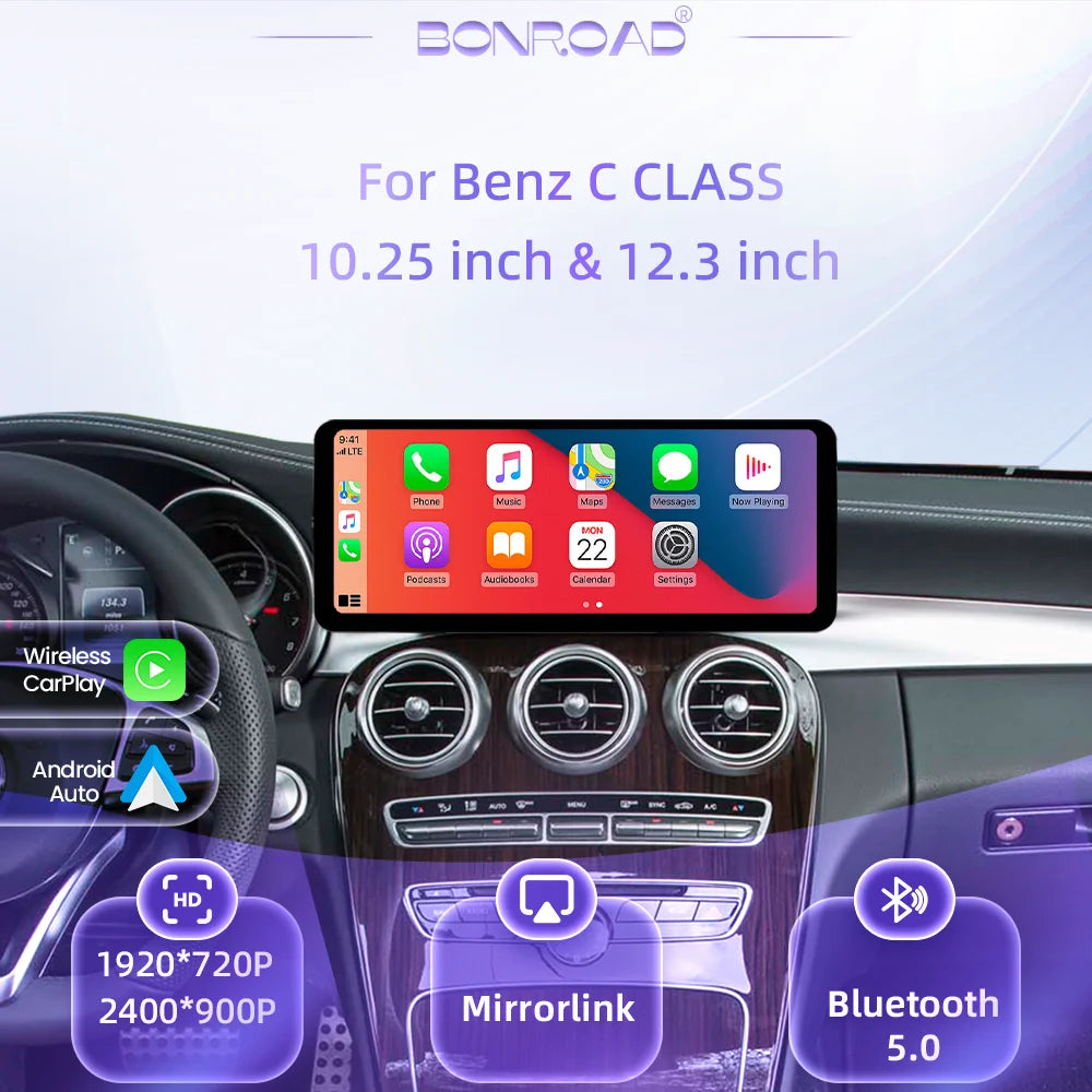 Bonroad 10.25 '12.3 '2400*900P * 1920 P * 720P Wireless CarPlay Android Linux Multimedia Touch Screen For Mercedes Benz C GLC Class W205 X253 W447 NTG 4.0 Car Radio GPS Navigator Display