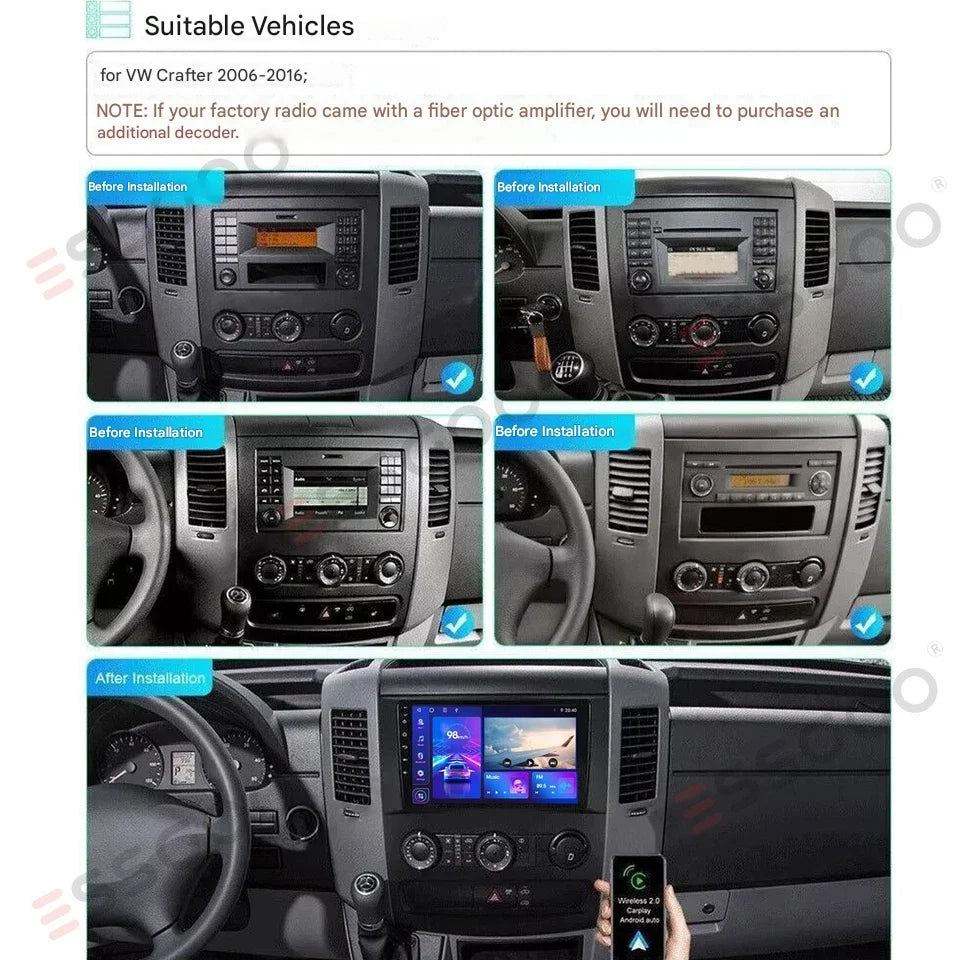 ESSGOO 10"Android15 2+16G/4+64G For Mercedes Benz Sprinter VW Crafter Car Stereo Radio Wireless Carplay Android Auto GPS NAVI RDS FM WIFI Bluetooth Mirror Link steering wheel control TouchScreen Multimedia Player Plug and pla