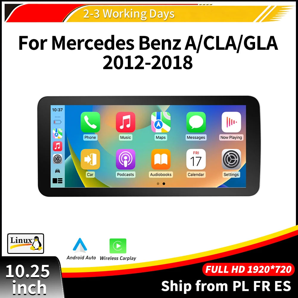 Display Screen 10.25'' For Mercedes Benz A Class CLA GLA W176 C117 X156 NTG4.5/5.0 Wireless Carplay Android Auto Touch Screen Airplay Autolink BT 1920*720 Car Multimedia Linux System