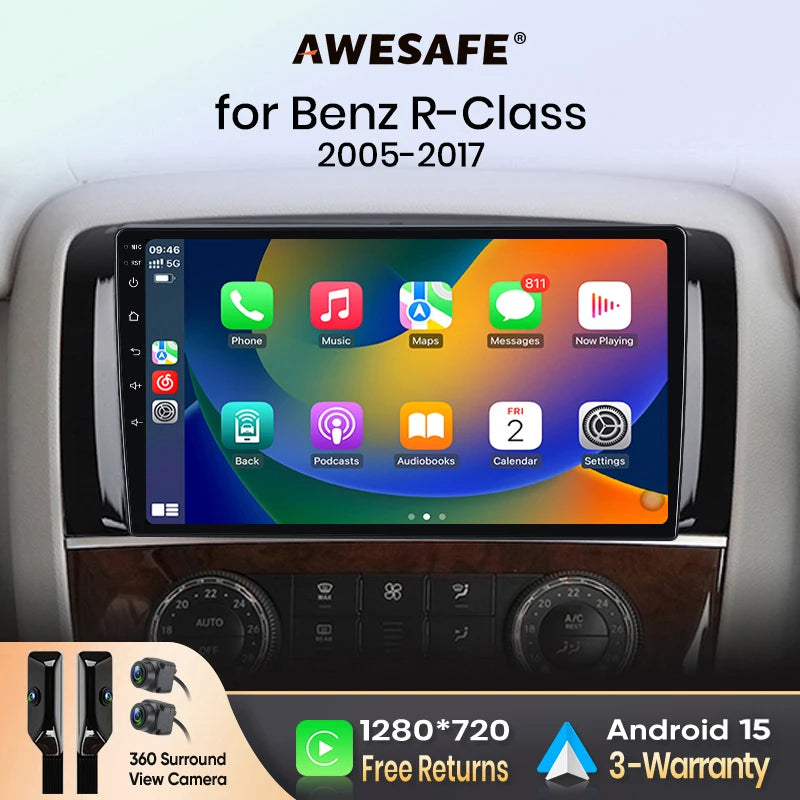 AWESAFE Wireless CarPlay  Android Auto for Mercedes Benz R Class W251 R280 R300 R320 R350 R63 2005-2017 Lettore  Car Radio Multimedia Player Stereo Wi-Fi  GPS Navigation 2 Din  Autoradio Car intelligent Systems 1280*720  IPS