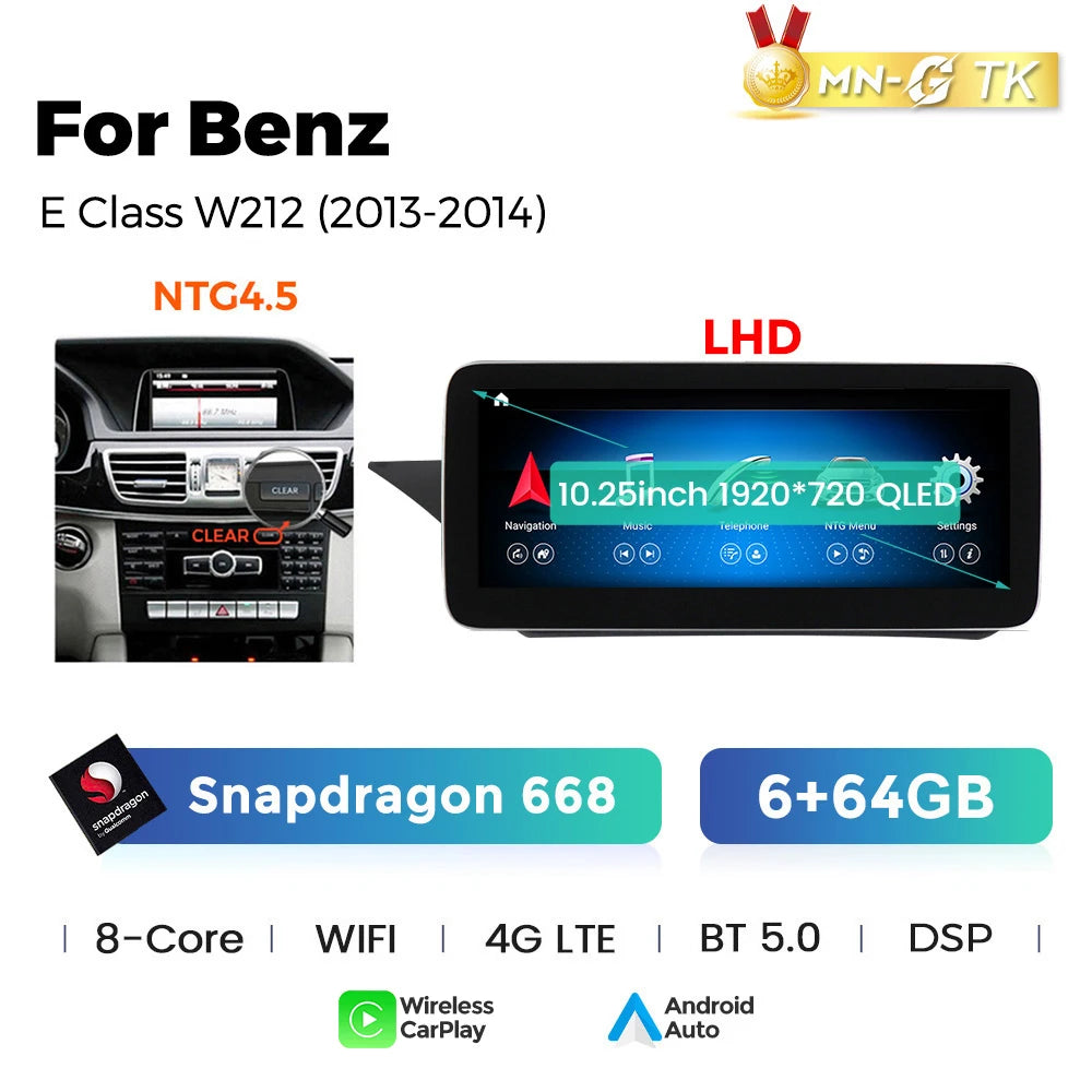 EU Stock Wireless Carplay Android Auto Car Radio Multimedia Player For Mercedes Benz E Class W212 4-door Sedan E200 E230 E260 E300 2009-2015 4G Wifi GPS Audio DSP Dual BT Intelligent Car System Qualcomm668/680 10.25‘’ 12.