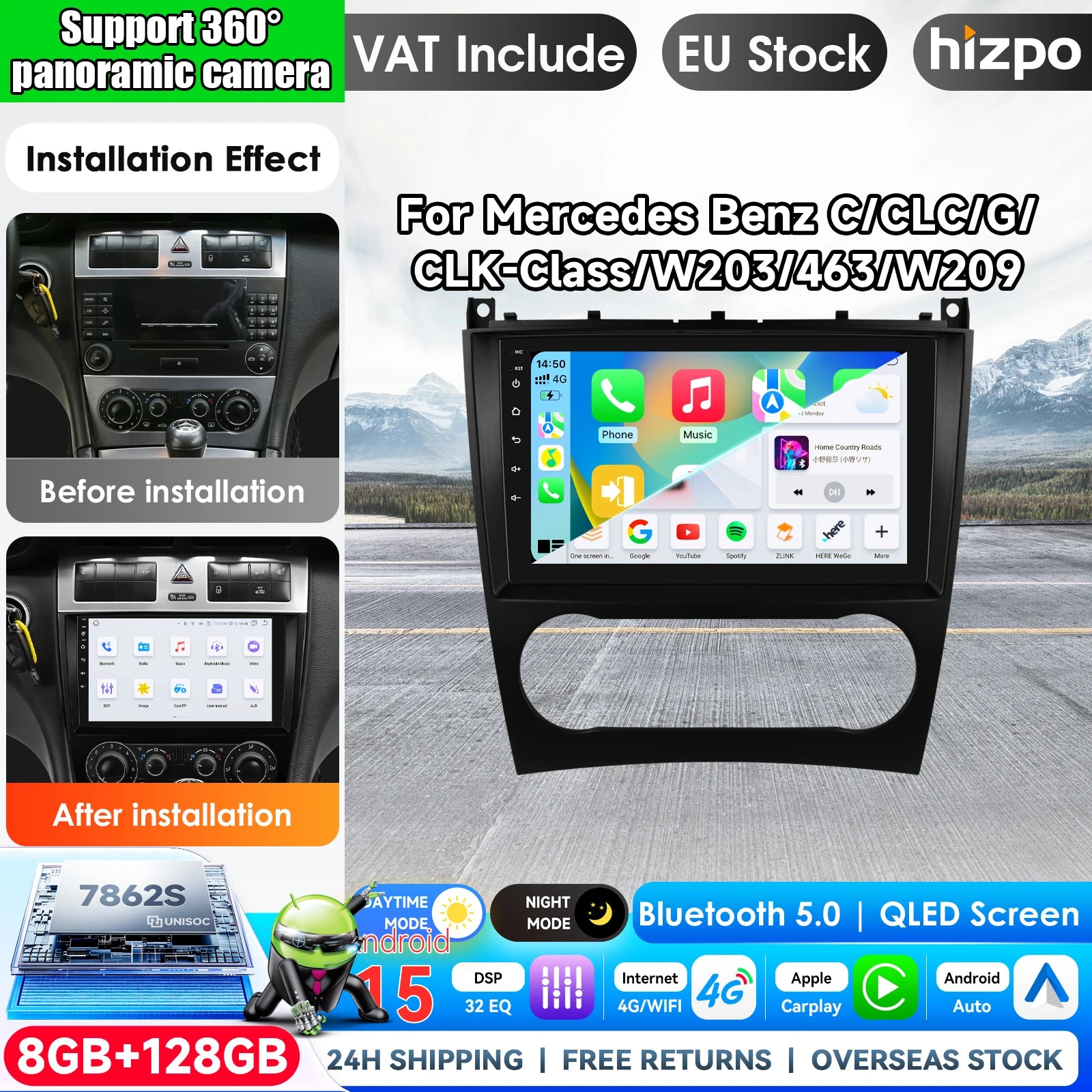 Hizpo 9 inch Wireless CarPlay Android Auto Car Radio for Mercedes Benz CLC W203 C-Class C180 C200 CLK200 CLK W209 Multimedia Wireless Apple CarPlay Smart Intelligent Systems IPS Touch Screen Stereo Video Player 2Din Autoradio