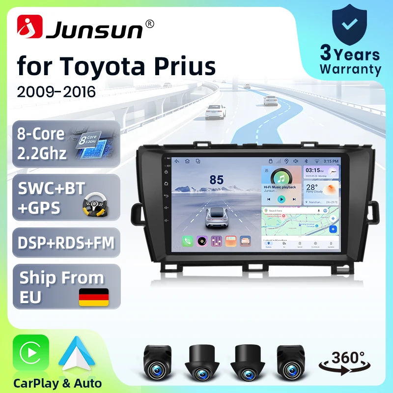 Junsun 9" Android 15 Stereo Smart Systems For Toyota Prius XW30 2009-2016 Car Radio Wireless CarPlay Auto AI Voice IPS Touch Screen Intelligent Multimedia Video Player 2 Din Head Unit GPS Navigator Mirror Link Automotive Blue