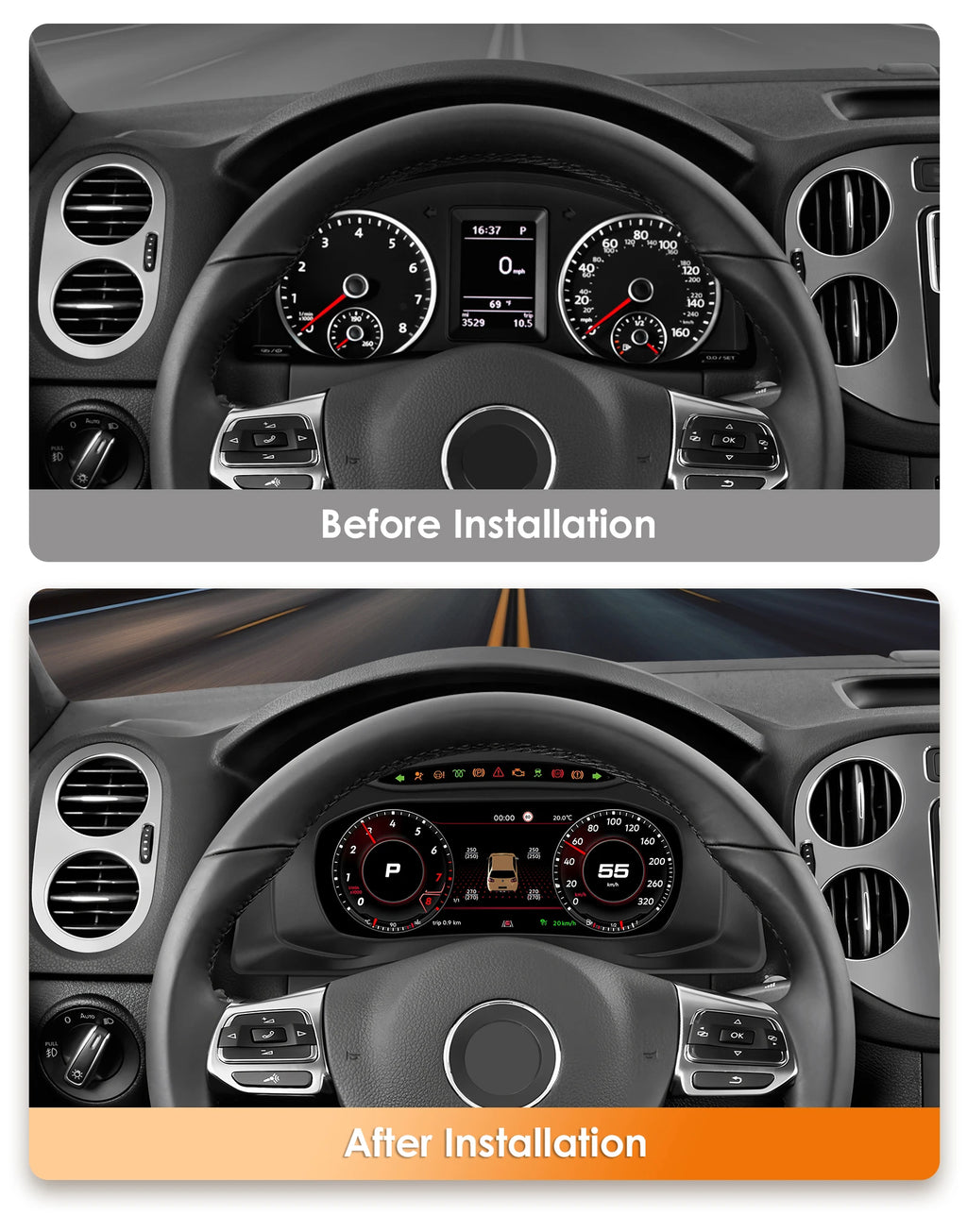 Hizpo 10.25 inch Car Auto Lcd Digital Dashboard Cluster Gauges For Volkswagen Tiguan 5N PQ Platform 2008-2016 support HUD modify Auto Radio Instrument Paneel Cockpit Cluster Instrument Display Snelheidsmeter Speedometer Gauge