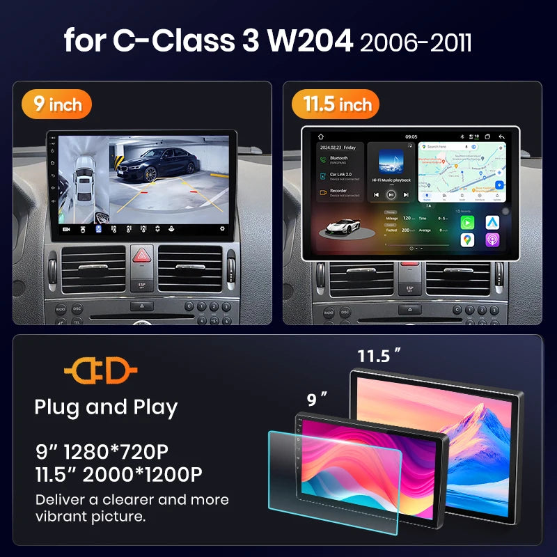 AWESAFE Wireless CarPlay  Android Auto for Mercedes-Benz C-Class W204 S204 2007-2010 Car Radio Multimedia Player Stereo Wi-Fi  GPS Navigation 2 Din  Autoradio Car intelligent Systems 1280*720  IPS  Head Unit FM RDS DSP SWC B
