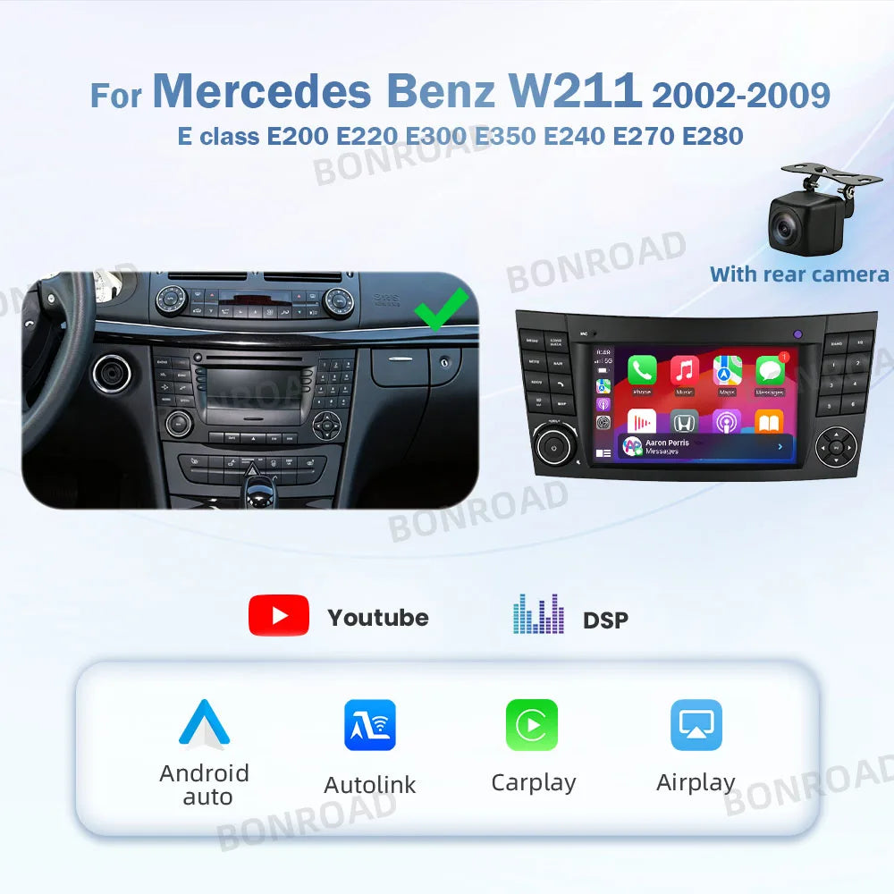 BONROAD 7'' Linux Touch Screen For Mercedes Benz W211 2002 - 2009 CLK CLS E200 E220 E300 E350 E240 E270 E280 Car Radio Video Multimedia Player Wireless Carplay Android Auto RDS GPS Navigation DSP