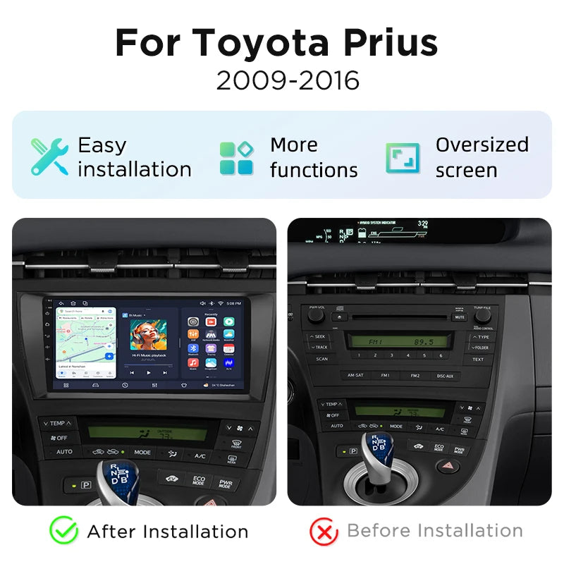 Junsun 9" Android 15 Stereo Smart Systems For Toyota Prius XW30 2009-2016 Car Radio Wireless CarPlay Auto AI Voice IPS Touch Screen Intelligent Multimedia Video Player 2 Din Head Unit GPS Navigator Mirror Link Automotive Blue