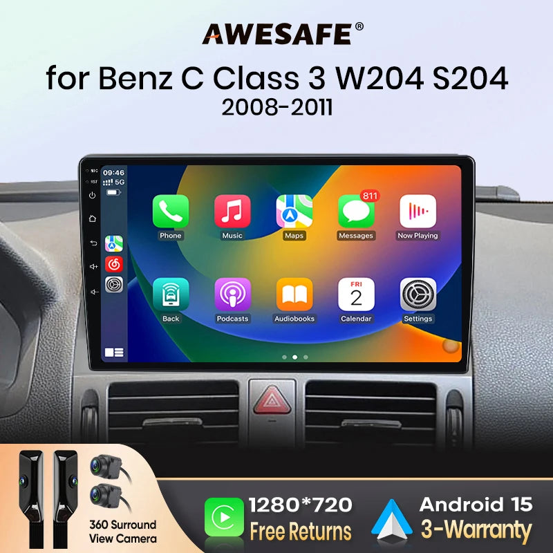 AWESAFE Wireless CarPlay  Android Auto for Mercedes-Benz C-Class W204 S204 2007-2010 Car Radio Multimedia Player Stereo Wi-Fi  GPS Navigation 2 Din  Autoradio Car intelligent Systems 1280*720  IPS  Head Unit FM RDS DSP SWC B