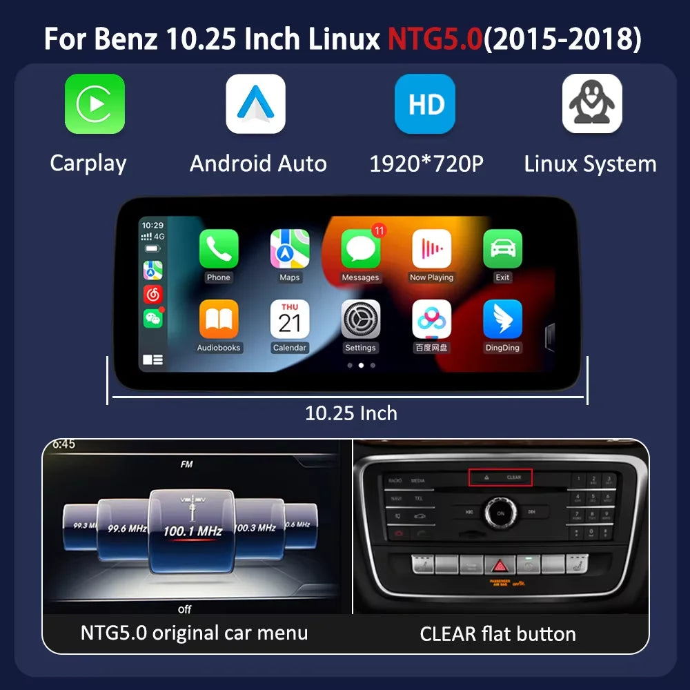 10.25 Inch Wireless CarPlay Android Auto Car Radio Multimedia For Mercedes Benz C Class W204 S205 C204 2007-2018 BT GPS Stereo