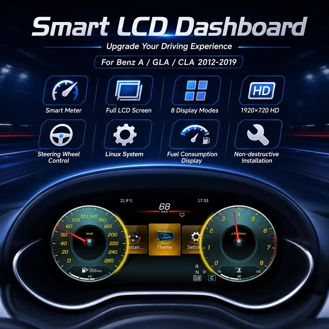 12.3 "LCD Digital Dashboard Cluster For Mercedes Benz A GLA CLA Class W176 X156 117 C177 With Wireless CarPlay Android Auto 8 UI